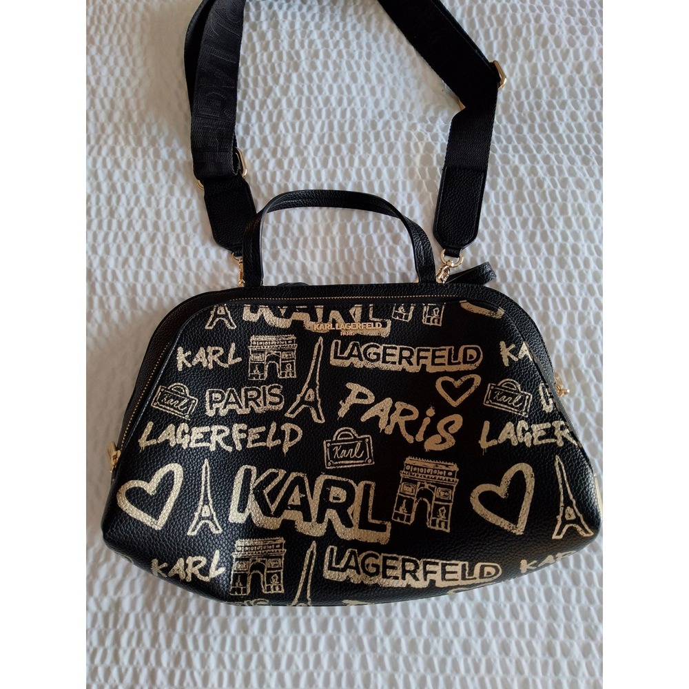 Karl Lagerfeld Paris Graffiti Print Crossbody Bag Black Gold Paris Logo Satchel